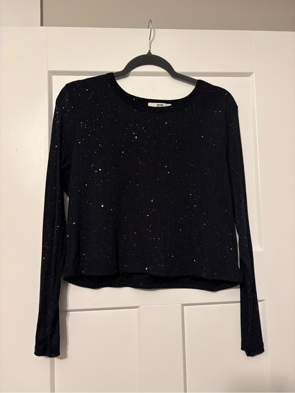 Cropped Sparkle Crewneck Top - Black